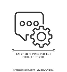 Message settings pixel perfect linear icon. Messenger app configurations. Personalize interaction. Chat bubble and gear. Thin line illustration. Contour symbol. Vector outline drawing. Editable stroke