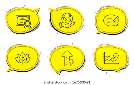 Message sign. Diploma certificate, save planet chat bubbles. Organic tested, Seo analysis and Energy growing line icons set. Bio ingredients, Targeting chart, Power usage. Speech bubble. Vector