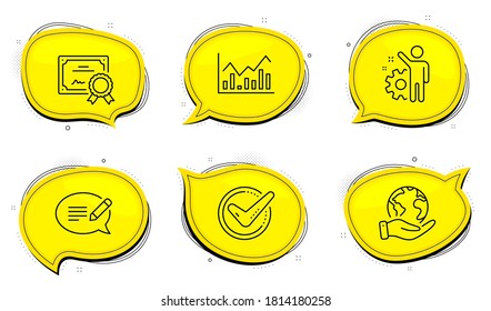 Message sign. Diploma certificate, save planet chat bubbles. Employee, Confirmed and Infochart line icons set. Cogwheel, Accepted message, Stock exchange. Speech bubble. Education set. Vector