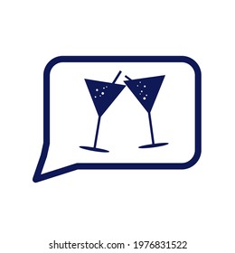 Message sign with two cocktail glasses, illustration. App icon. Date, party invitation. Chat pictogram. Design element.