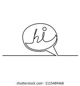 A message sign with a word "HI" drawn by a single black line on a white background. One-line drawing. Continuous line. Vector Eps10