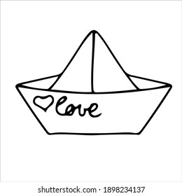 Message. Simple doodle of a paper boat with the inscription love in the style of doodle vector illustration isolated on a white background