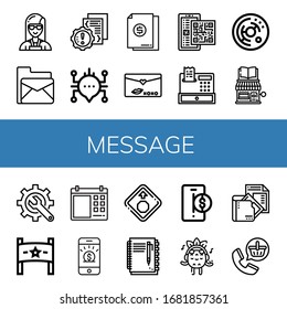 message simple icons set. Contains such icons as Planner, Email, Error, Chat, Document, Love letter, Qr code, Register, Cell, Book shop, Content, can be used for web, mobile and logo