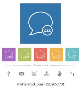 Message sleep outline flat white icons in square backgrounds. 6 bonus icons included.
