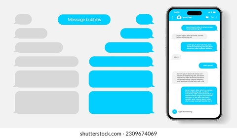 Melden Sie Smartphone-Vorlage. Mobile Chatting sms App Template Blasen. Nachrichtenblasen chatten auf Smartphone-Symbolen. Telefonchatting sms Template Blasen. Einzelnes Smartphone