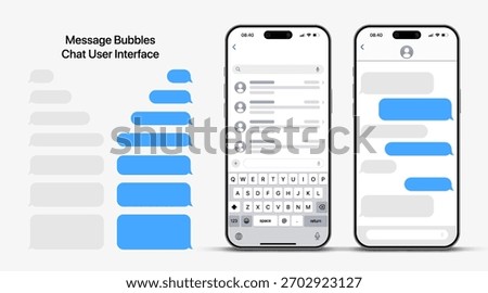 Message smartphone template. Mobile chatting sms app template bubbles. Message bubbles chat on smartphone icons. Phone chatting sms template bubbles. Isolated smartphone mockup. Stock vector.