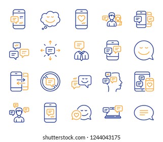 Message sms and Communication icons. Group chat, Conversation and Speech bubbles icons. SMS communication, Phone chat and Stop talking symbols. Conversation group, smartphone message, info. Vector
