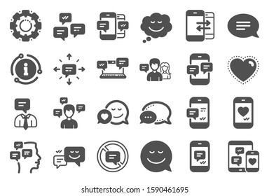 Message sms and Communication icons. Group chat, Conversation and Speech bubbles icons. SMS communication, Phone chat and Stop talking symbols. Conversation group, smartphone message, info. Vector