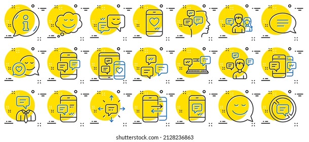 Message sms and Communication icons. Group chat, Conversation and Speech bubbles icons. SMS communication, Phone chat and Stop talking symbols. Conversation group, smartphone message, info. Vector