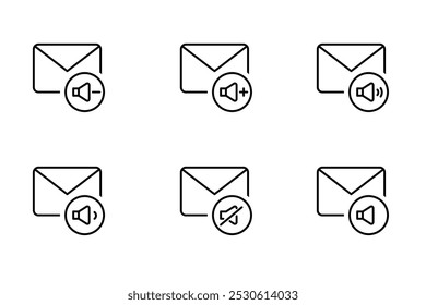 Nachricht Ton-Symbol, Lautstärke, leise Symbole gesetzt, Audio, Lautsprecher, Lautstärkeregler und Symbol Lautsprecher-Symbol Ton Ton Audio Stimme Medien Musik stumm Design Nachricht aus Taste