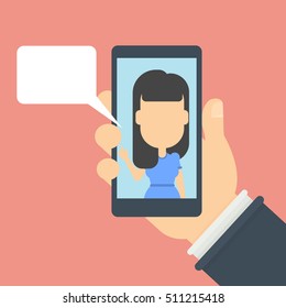 Message with speech bubble and female avatar. Concept of social network, incoming call and new massage in chat. hand holding mobile phone.