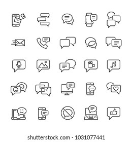 Message and speech bubble: thin vector icon set, black and white kit