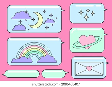 Message speech bubbles icon set. Messenger chat with emojis and stickers. Vaporwave cute retro style vector illustration.