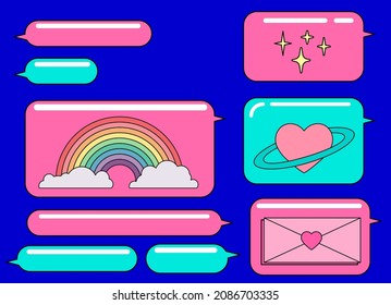 Message speech bubbles icon set. Messenger chat with emojis and stickers. Vaporwave cute retro style vector illustration.