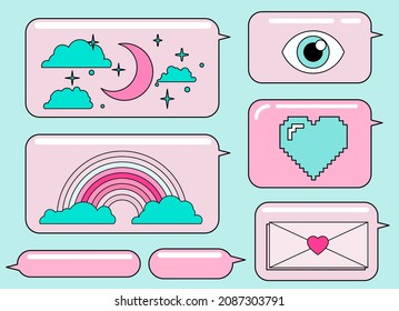 Message speech bubbles icon set. Messenger chat with emojis and stickers. Vaporwave cute retro style vector illustration.