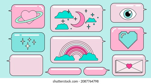 Message speech bubbles icon set. Messenger chat with emojis and stickers. Vaporwave cute retro style vector illustration.