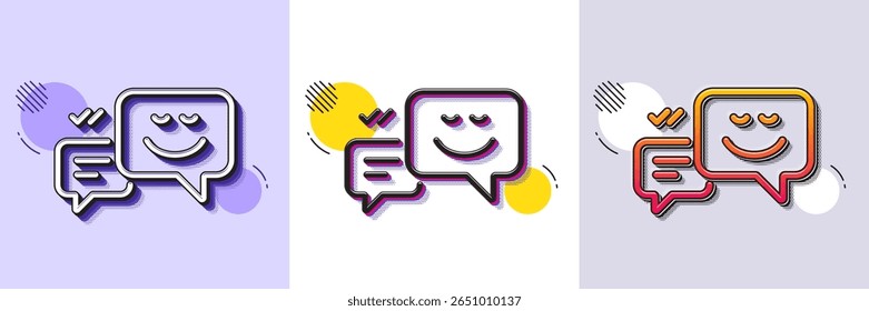 Mensaje de burbujas de discurso con el icono de la línea de la sonrisa. Patrón punteado de semitono. Icono de degradado con sombra de grano. Signo de emoción de chat. Icono de emoción feliz de línea. Varios diseños. Vector