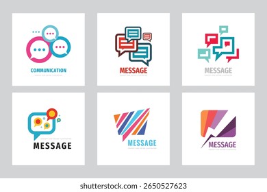 Ilustração do conceito do conjunto de logotipo do vetor de bolhas de fala da mensagem. Estilo plano. Coleção de ícones de bate- papo de diálogo. Símbolos de mídia social. Comunicação falando. Elementos de design.