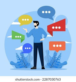 message or speech delivery concept, Verbal or spoken communication skills, storytelling or explanation, public speaking, speaking or discussing, businessman speaking with lots of speech bubbles.