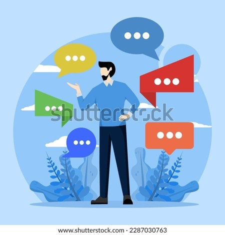 message or speech delivery concept, Verbal or spoken communication skills, storytelling or explanation, public speaking, speaking or discussing, businessman speaking with lots of speech bubbles.