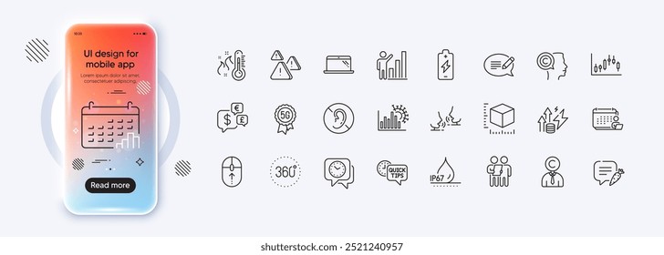 Message, Survey and Calendar graph line icons for web app. Phone mockup gradient screen. Pack of 360 degrees, Waterproof, Candlestick graph pictogram icons. Vector