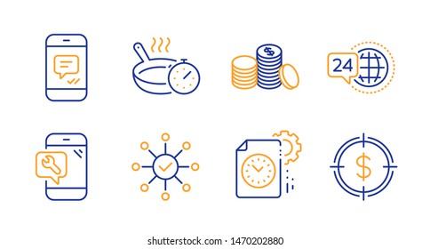 Message, Survey check and Project deadline line icons set. Phone repair, 24h service and Banking money signs. Frying pan, Dollar target symbols. Phone messenger, Correct answer. Vector