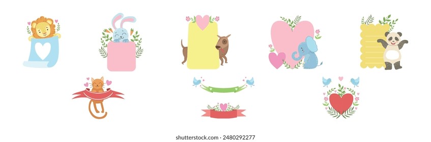 Message Template with Cute Animal and Flora Vector Set