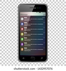 Message template on the smartphone screen, message interface, black smartphone with a glare on the screen on an isolated background, vector illustration