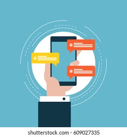 Message texting flat vector illustration design. Chat conversation, dialog windows, online promotions and advertisement. Design for web banners and apps