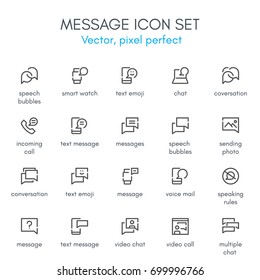 Message theme, line icon set. Pixel perfect, fully editable stroke, black and white, vector icon set suitable for websites, info graphics, and print media.