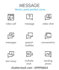 Message theme, line icon set. Pixel perfect, fully editable stroke, black and white, vector icon set suitable for websites, info graphics, and print media.