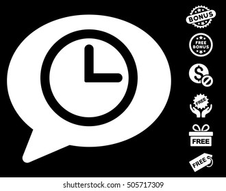 Message Time icon with free bonus symbols. Vector illustration style is flat iconic symbols, white color, black background.
