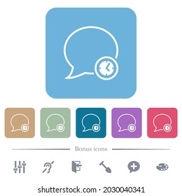 Message time outline white flat icons on color rounded square backgrounds. 6 bonus icons included