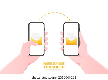 Icono de transferencia de mensajes. Plano, amarillo, teléfonos en la mano, transferencia de mensajes de teléfono a teléfono, señal de transferencia de mensajes. Icono de vector