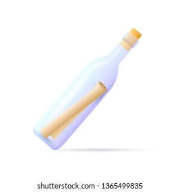 Message in transparent bottle. Rolled paper in bottle closed with cork. Can be used for topics like pirate, sos, tourism