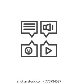 Message types line icon, outline vector sign, linear style pictogram isolated on white. Voice, video and text messages symbol, logo illustration. Editable stroke