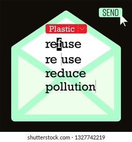 Message typing on computer screen as a gimmick representing 3r words typographic design related to plastic pollution awareness. Vector illustration.