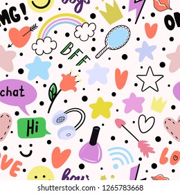 Message vector symbols. Teen girl's attributes. Vector isolated illustration.