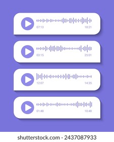 Message voice record. Podcast soundwave line of voice. Mobile app sound wave. Social network speech audio. Spectrum noise and play button. Record music player. Vector illustration.