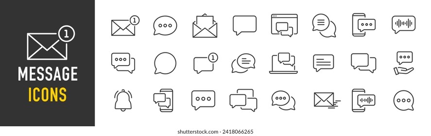 Iconos web de mensajes con estilo de línea. Chateo, mensaje, correo, comunicación, carta. Ilustración vectorial.