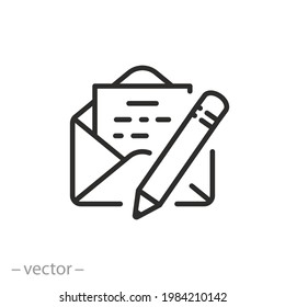 Message Writing Icon, Email Communication, Mail Newsletter With Pencil, Opening Envelope Concept, Thin Line Symbol On White Background - Editable Stroke Vector Illustration Eps10