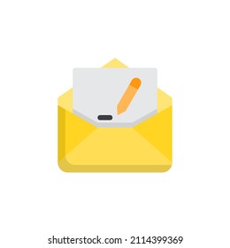 message writing icon, email communication, mail newsletter with pencil, opening envelope concept, thin line symbol on white background