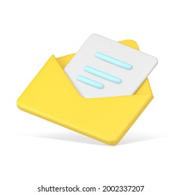 Message in yellow 3d envelope. Volumetric sheet of paper with blue text. Online read message. Realistic symbol communication. Global news and invitations. Vector icon isolated template