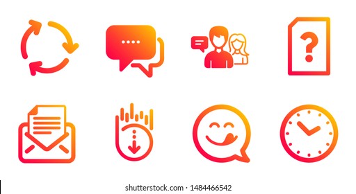 Message, Yummy smile and Scroll down line icons set. People talking, Unknown file and Mail correspondence signs. Recycling, Time symbols. Chat bubble, Emoticon. Technology set. Vector