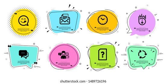 Message, Yummy smile and Scroll down line icons set. Chat bubbles with quotes. People talking, Unknown file and Mail correspondence signs. Recycling, Time symbols. Chat bubble, Emoticon. Vector