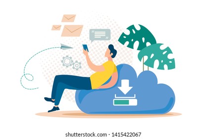 Messages Backup Online Service Flat Vector Concept. Man Sitting on Cloud with Cellphone, Messaging, Chatting in Social Network, Downloading and Sharing Files with Friends in Internet Illustration