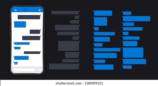 Messages Bubbles. Messages on screen Smartphone. Chat messages on phone flat design messages bubbles on screen. Message bubbles for chat. Bubbles design template for messenger chat. DARK OR NIGHT MODE