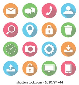 Messages, chat, phone, contacts, search, place, download, upload, clock, camera, monitor flat icon vector design