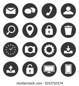 Messages, chat, phone, contacts, search, place, download, upload, clock, camera, monitor simple icon vector design