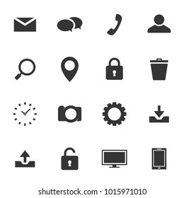 Messages, chat, phone, contacts, search, place, download, upload, clock, camera, monitor simple icon set vector design